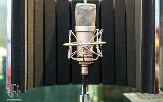 A microphone on a stand.